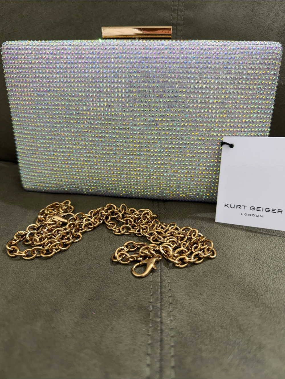 Kurt Geiger London Crystal Box Clutch AB Rhinestone Gold Chain Bag Evening NWT